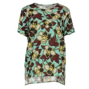 P.A.R.O.S.H. Women Blue Brown Floral Silk Crew Neck Short Sleeve Blouse Top Sz L